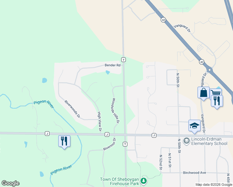 map of restaurants, bars, coffee shops, grocery stores, and more near N7023 Woodside Hills Drive in Sheboygan