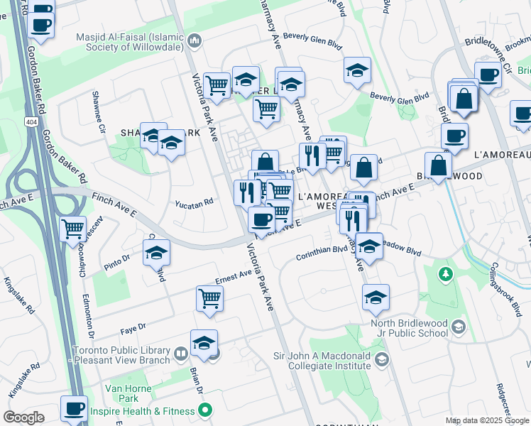 map of restaurants, bars, coffee shops, grocery stores, and more near 2930 Finch Avenue East in Toronto