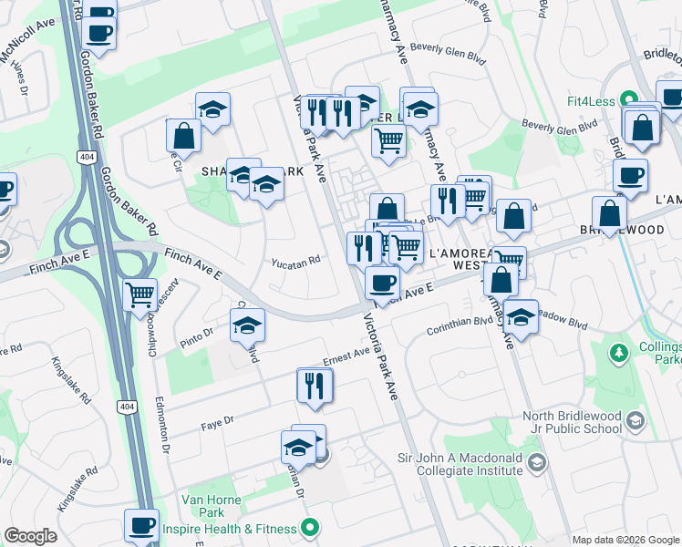 map of restaurants, bars, coffee shops, grocery stores, and more near 119 Apache Trail in Toronto