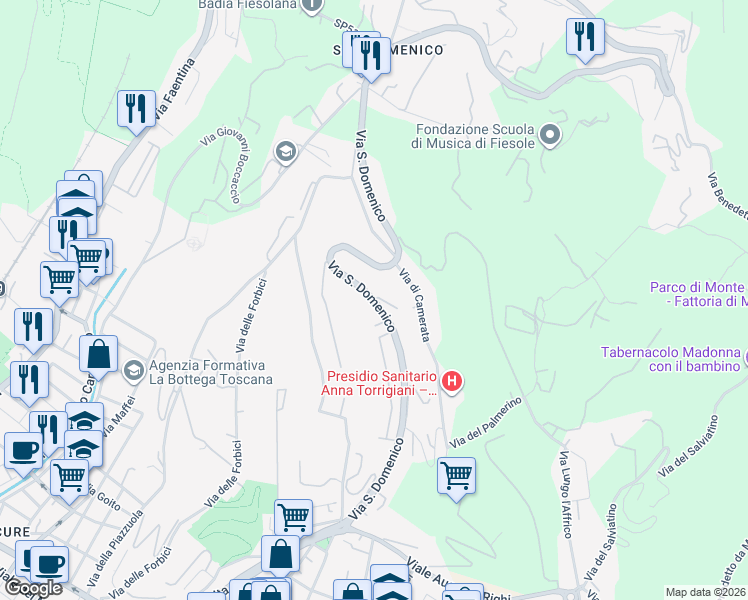 map of restaurants, bars, coffee shops, grocery stores, and more near 87 Via San Domenico in Firenze
