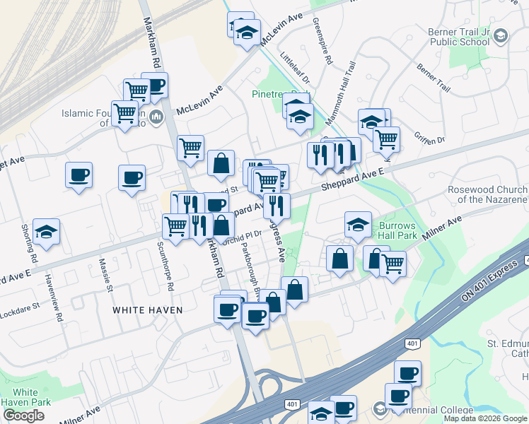 map of restaurants, bars, coffee shops, grocery stores, and more near 1070 Progress Avenue in Toronto