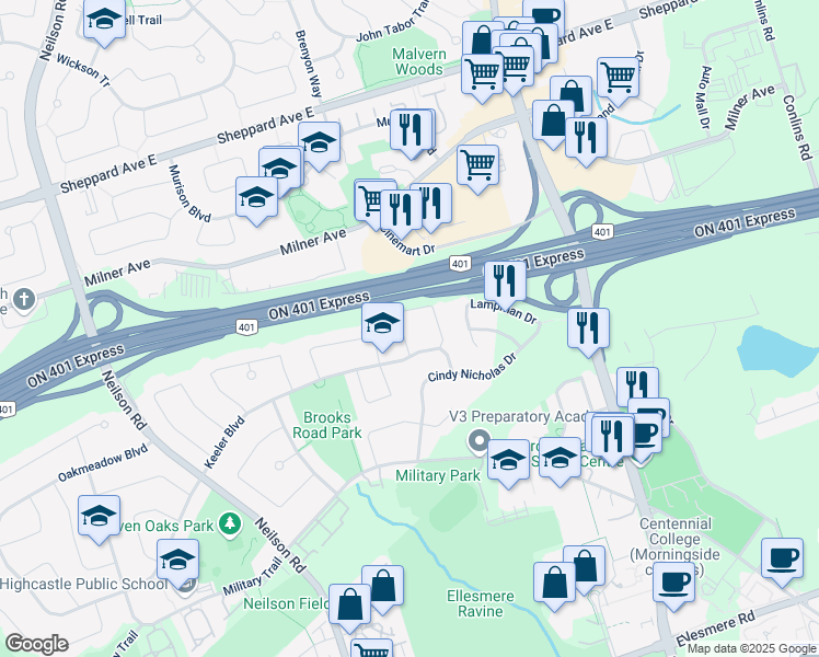 map of restaurants, bars, coffee shops, grocery stores, and more near 16 David Drive in Toronto