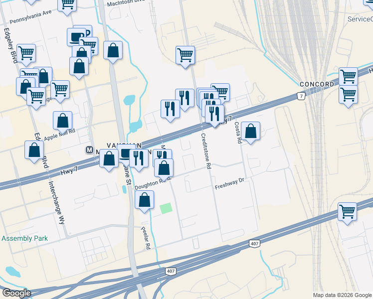 map of restaurants, bars, coffee shops, grocery stores, and more near 21 Meadowdale Road in Vaughan