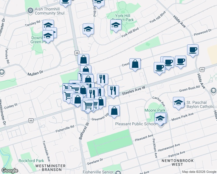 map of restaurants, bars, coffee shops, grocery stores, and more near 81 Townsgate Drive in Vaughan