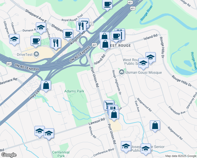 map of restaurants, bars, coffee shops, grocery stores, and more near 429 Port Union Road in Toronto