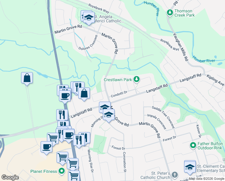 map of restaurants, bars, coffee shops, grocery stores, and more near 16 Piazza Crescent in Vaughan