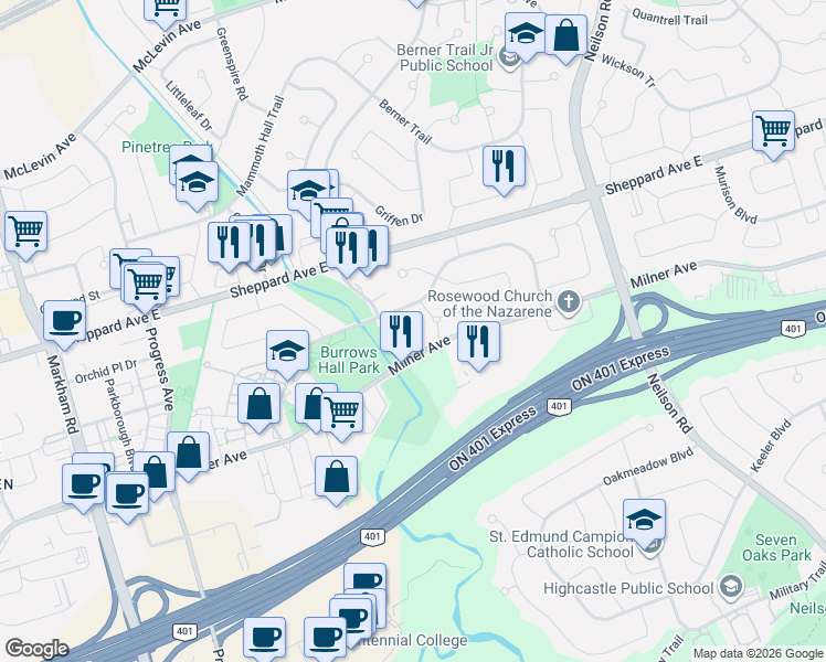map of restaurants, bars, coffee shops, grocery stores, and more near in Toronto