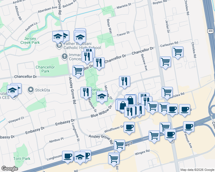 map of restaurants, bars, coffee shops, grocery stores, and more near 114 Michelle Drive in Vaughan