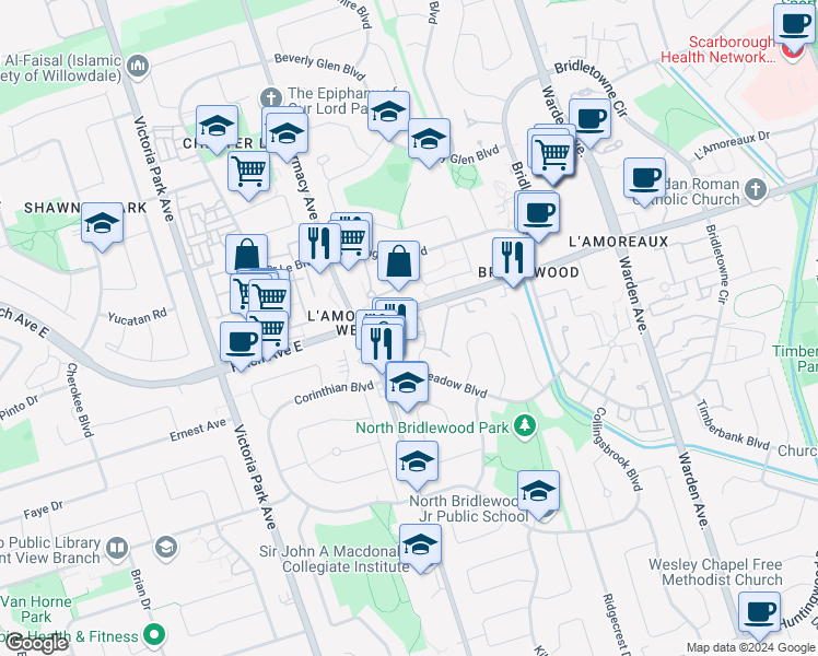 map of restaurants, bars, coffee shops, grocery stores, and more near in Toronto