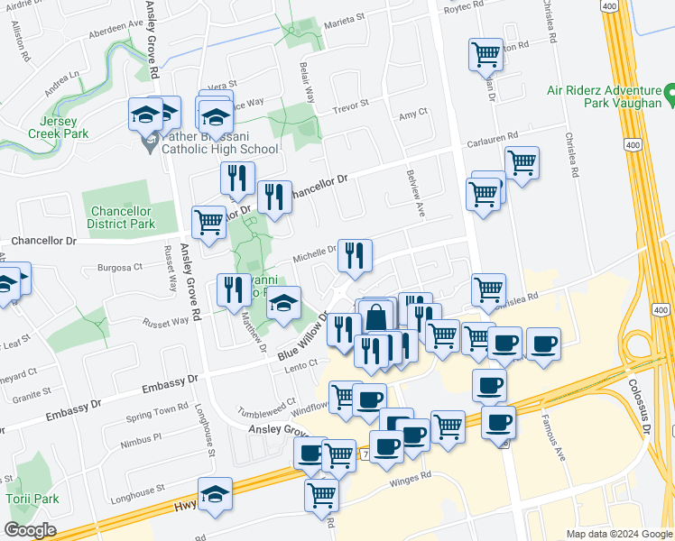 map of restaurants, bars, coffee shops, grocery stores, and more near in Vaughan