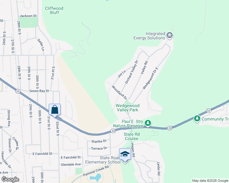 map of restaurants, bars, coffee shops, grocery stores, and more near W5933 Woodland Drive in La Crosse