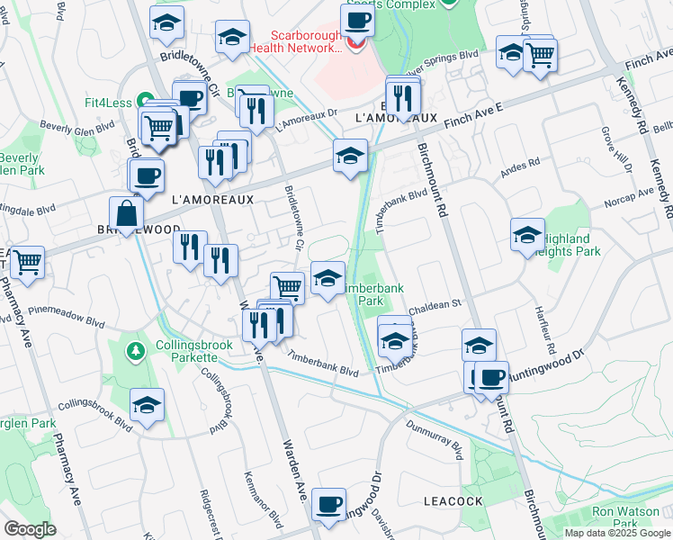 map of restaurants, bars, coffee shops, grocery stores, and more near 13 Eaton Park Lane in Toronto