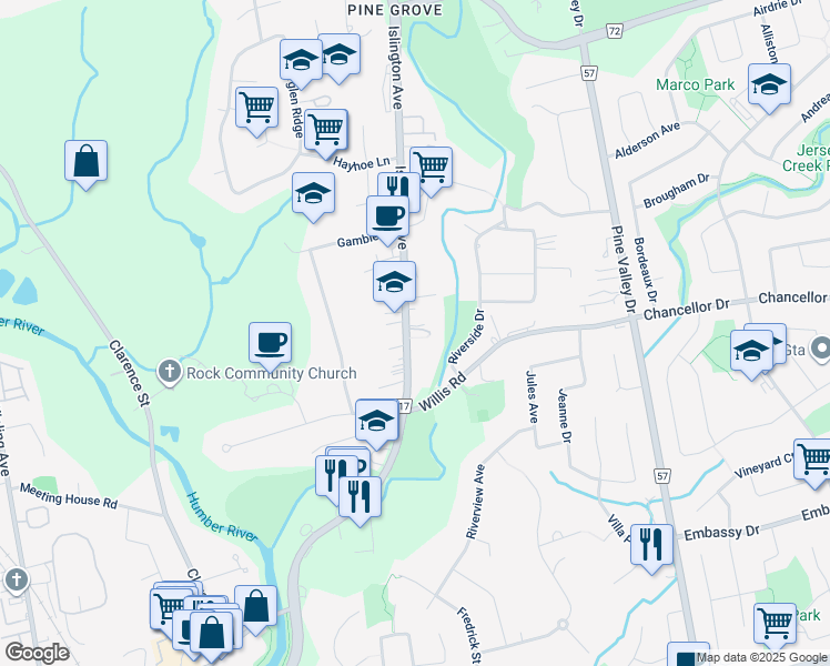 map of restaurants, bars, coffee shops, grocery stores, and more near 8265 Islington Avenue in Vaughan