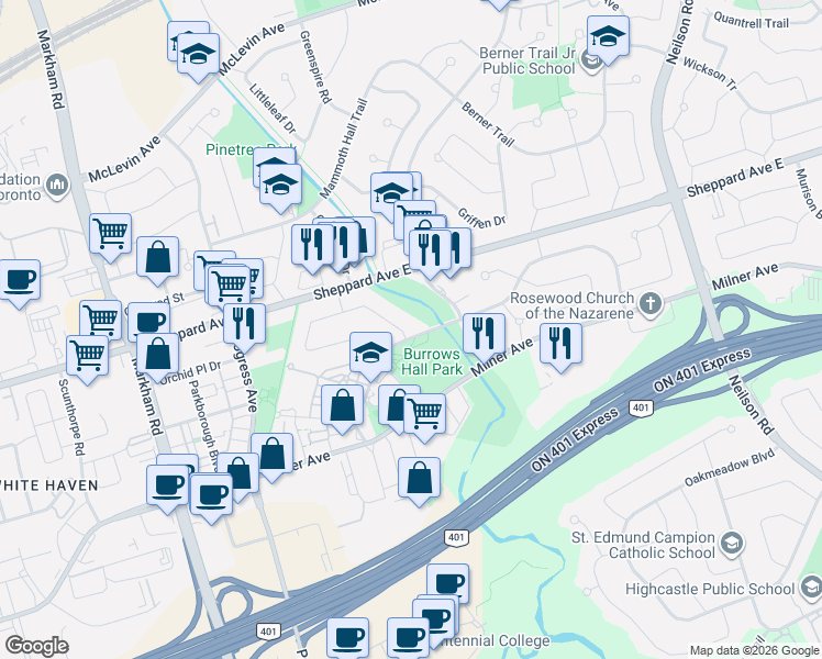 map of restaurants, bars, coffee shops, grocery stores, and more near in Toronto