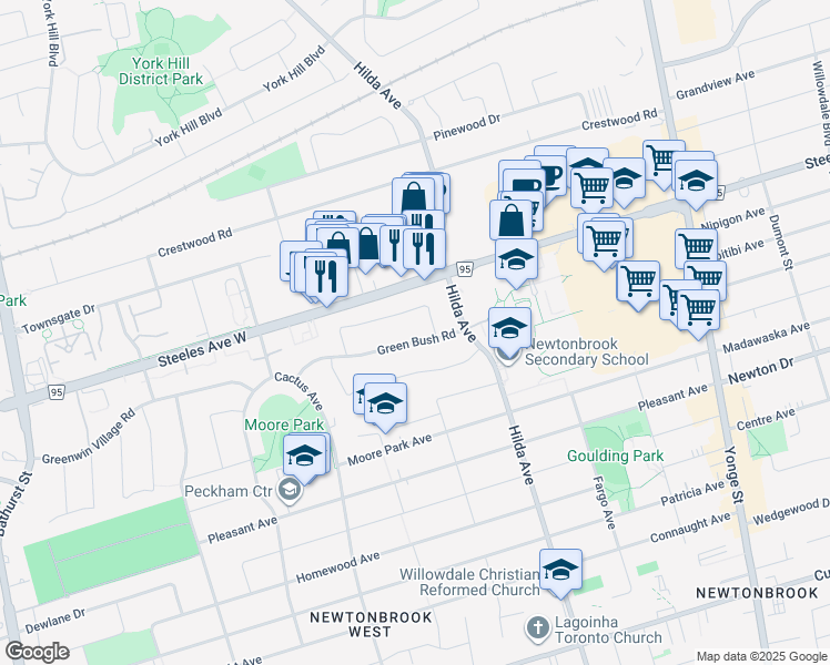 map of restaurants, bars, coffee shops, grocery stores, and more near 34 Green Bush Road in Toronto