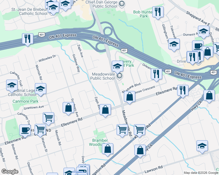 map of restaurants, bars, coffee shops, grocery stores, and more near 9 Hania Terrace in Toronto
