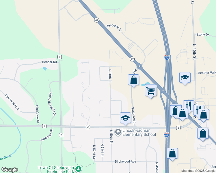 map of restaurants, bars, coffee shops, grocery stores, and more near 4514 North 50th Street in Sheboygan