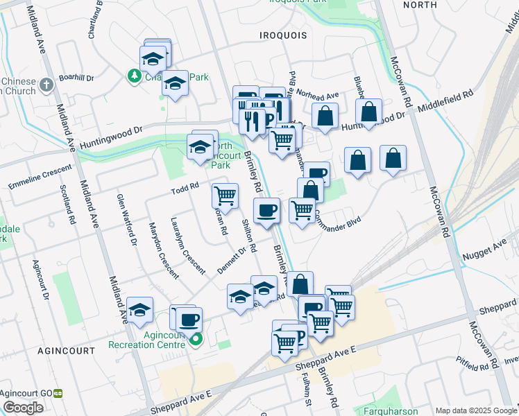 map of restaurants, bars, coffee shops, grocery stores, and more near 2248 Brimley Road in Toronto