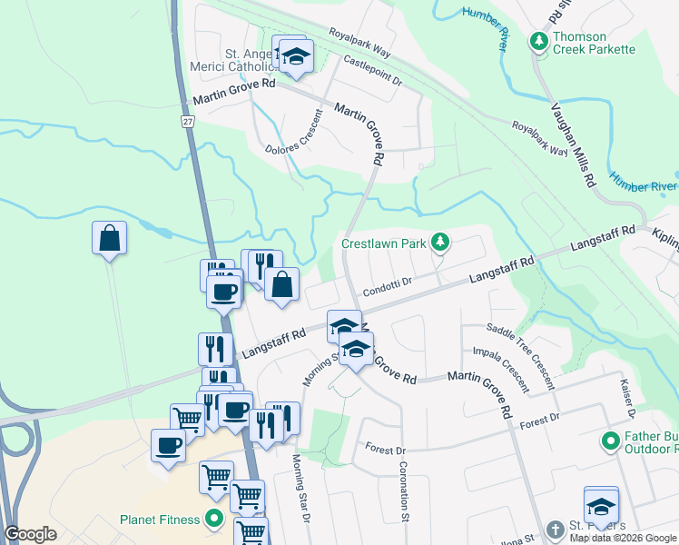 map of restaurants, bars, coffee shops, grocery stores, and more near 8532 Martin Grove Road in Vaughan