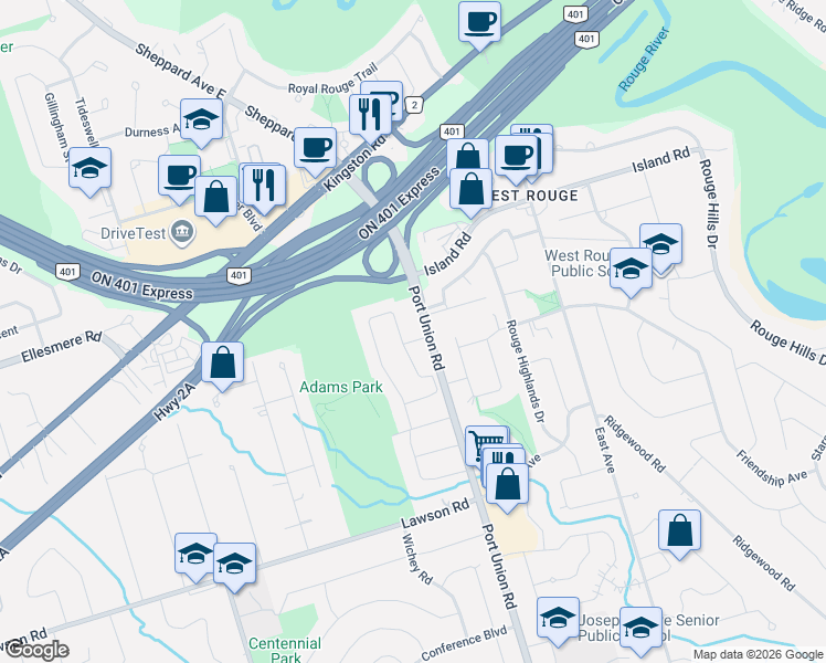 map of restaurants, bars, coffee shops, grocery stores, and more near 6 Adams Park Gate in Toronto