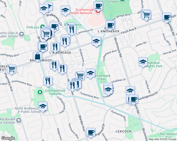 map of restaurants, bars, coffee shops, grocery stores, and more near 15 Eaton Park Lane in Toronto
