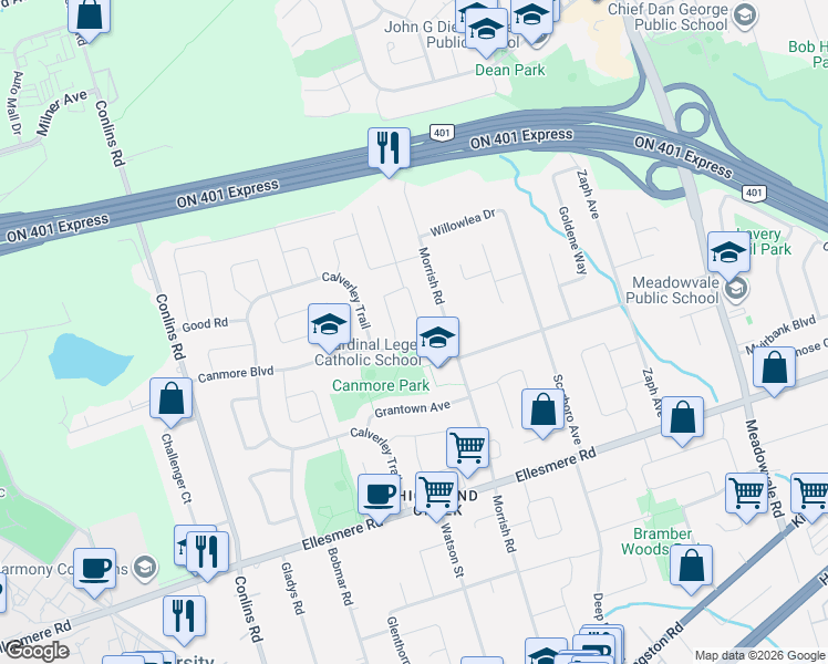 map of restaurants, bars, coffee shops, grocery stores, and more near 73 Charcoal Drive in Toronto