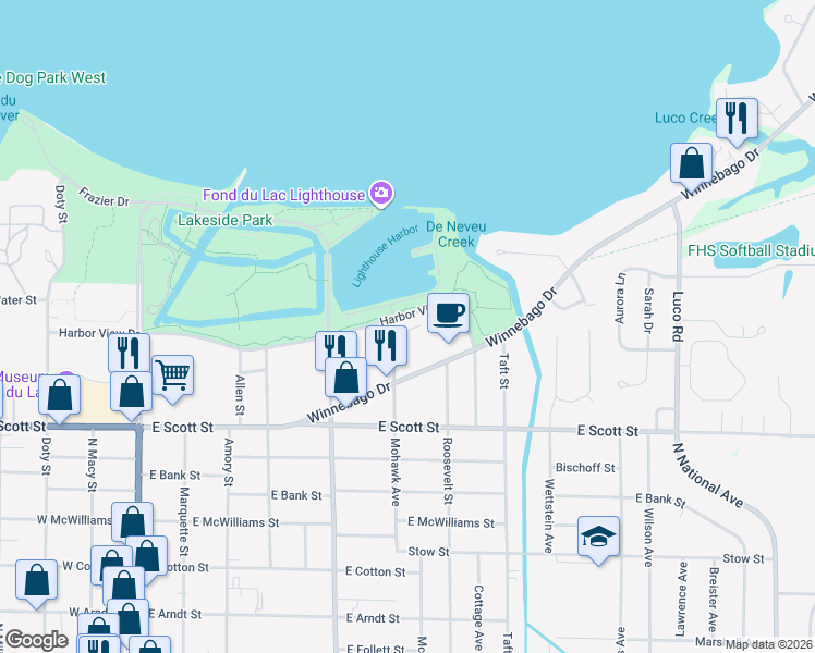 map of restaurants, bars, coffee shops, grocery stores, and more near 536 Mohawk Avenue in Fond du Lac