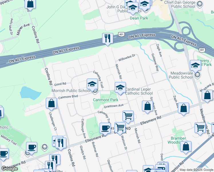 map of restaurants, bars, coffee shops, grocery stores, and more near 6 Charcoal Drive in Toronto