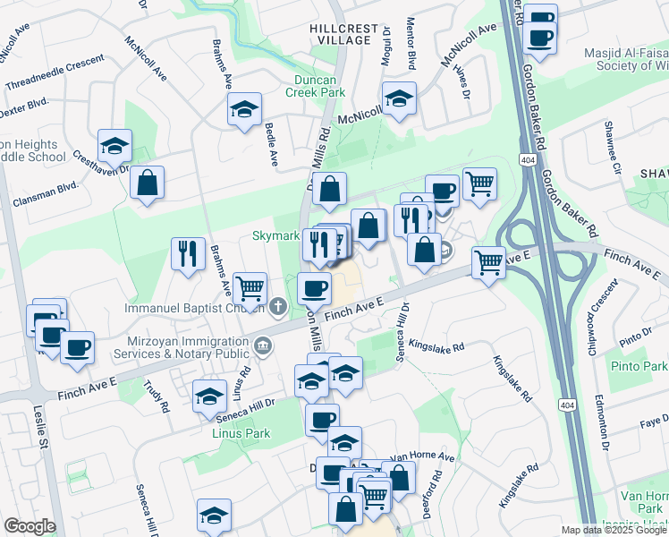 map of restaurants, bars, coffee shops, grocery stores, and more near 3555 Don Mills Road in Toronto