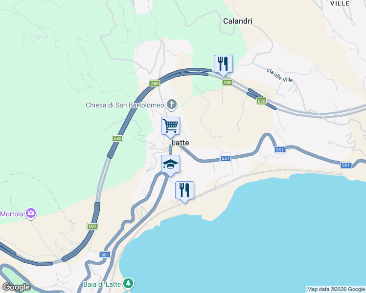 map of restaurants, bars, coffee shops, grocery stores, and more near 1 Via Anacleto Hughes in Latte