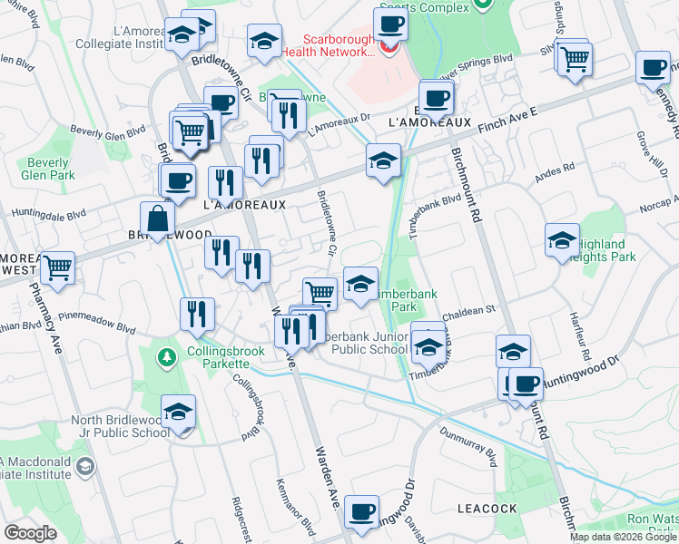 map of restaurants, bars, coffee shops, grocery stores, and more near 17 Eaton Park Lane in Toronto
