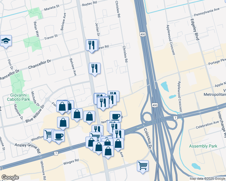 map of restaurants, bars, coffee shops, grocery stores, and more near 40 Chrislea Road in Vaughan