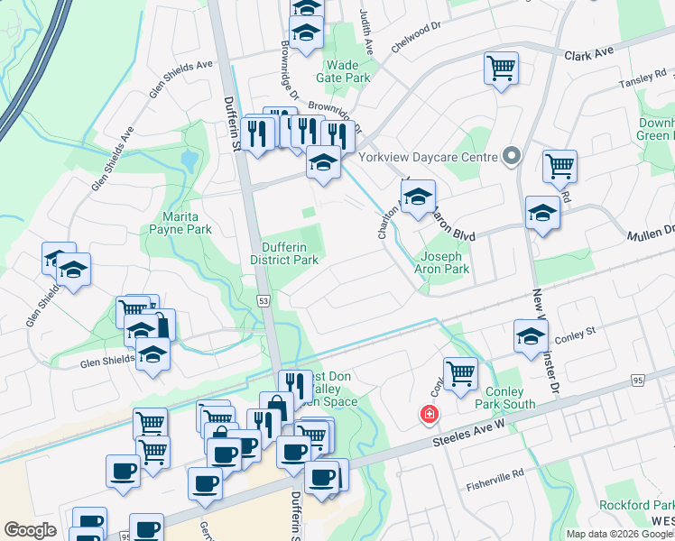map of restaurants, bars, coffee shops, grocery stores, and more near 234 Badessa Circle in Vaughan