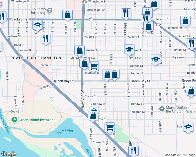 map of restaurants, bars, coffee shops, grocery stores, and more near 1311 Green Bay Street in La Crosse