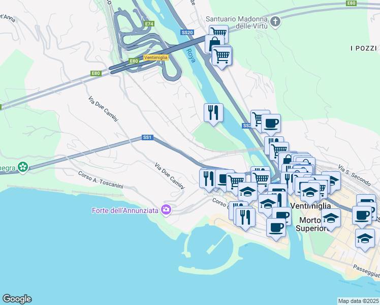 map of restaurants, bars, coffee shops, grocery stores, and more near 13 Via G. Freccero in Ventimiglia