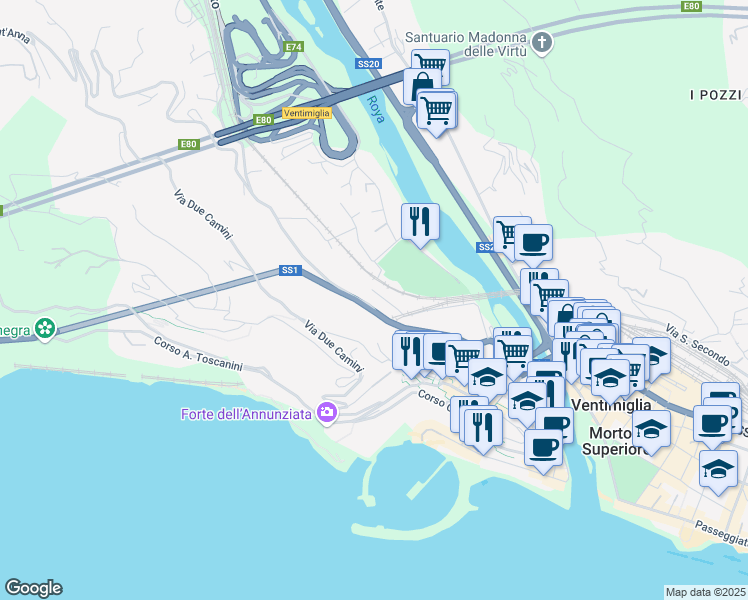 map of restaurants, bars, coffee shops, grocery stores, and more near 30 Corso Francia in Ventimiglia