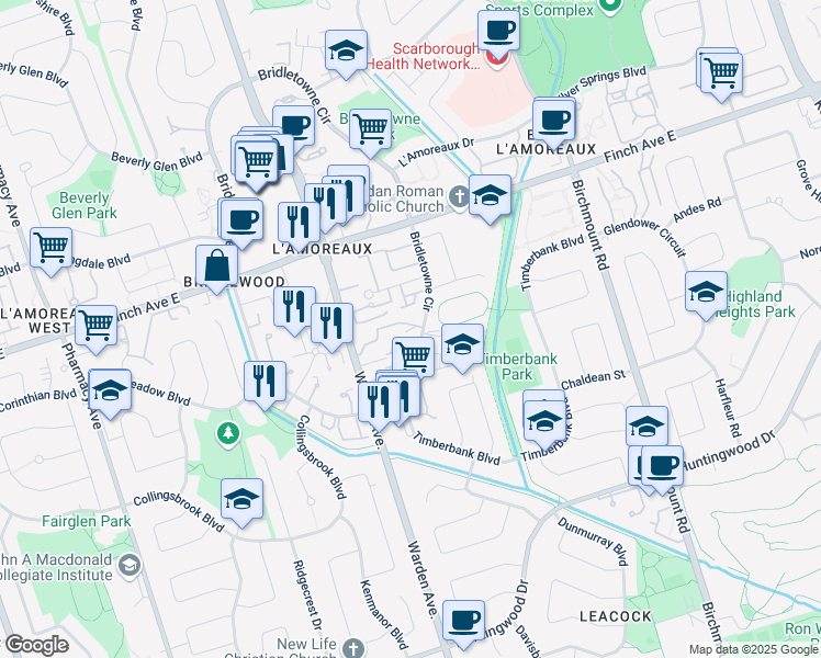 map of restaurants, bars, coffee shops, grocery stores, and more near 1200 Bridletowne Circle in Toronto