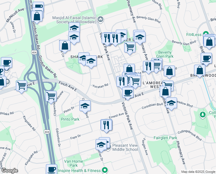 map of restaurants, bars, coffee shops, grocery stores, and more near in Toronto
