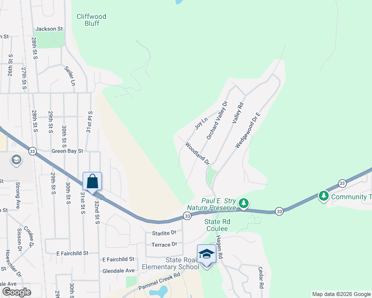 map of restaurants, bars, coffee shops, grocery stores, and more near W5933 Woodland Drive in La Crosse