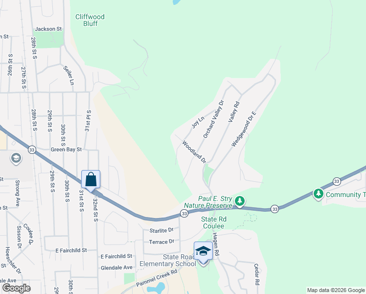 map of restaurants, bars, coffee shops, grocery stores, and more near W5933 Woodland Drive in La Crosse