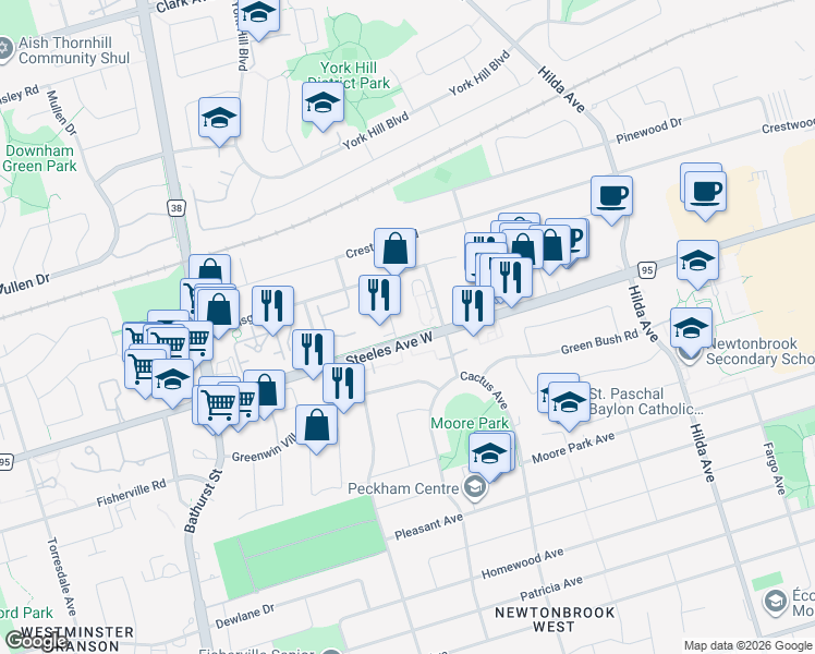 map of restaurants, bars, coffee shops, grocery stores, and more near 520 Steeles Avenue West in Vaughan