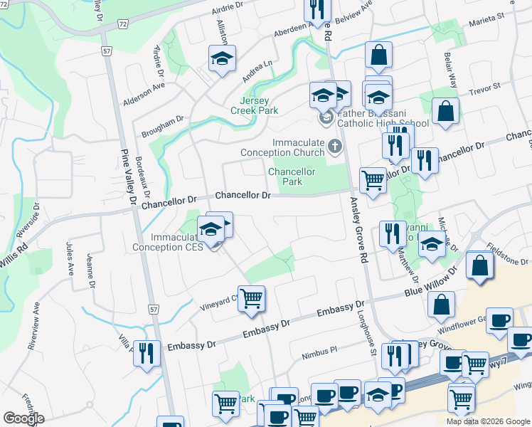 map of restaurants, bars, coffee shops, grocery stores, and more near 128 Burgosa Court in Vaughan