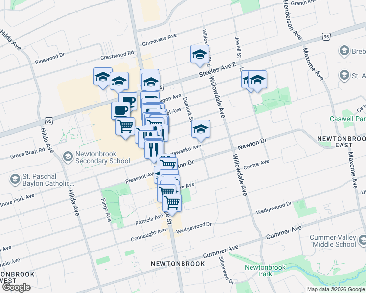 map of restaurants, bars, coffee shops, grocery stores, and more near 32 Madawaska Avenue in Toronto