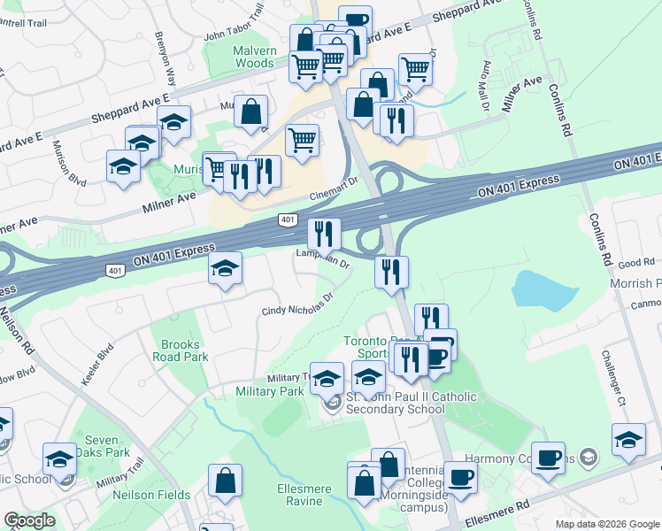 map of restaurants, bars, coffee shops, grocery stores, and more near 14 Lampman Drive in Toronto