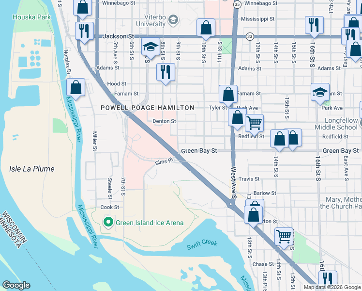 map of restaurants, bars, coffee shops, grocery stores, and more near 1935 Sims Place in La Crosse