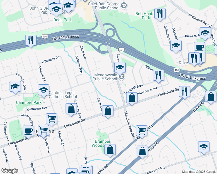 map of restaurants, bars, coffee shops, grocery stores, and more near 4 Hania Terrace in Toronto