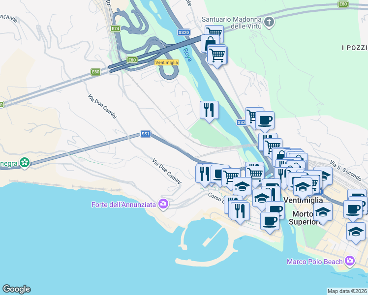 map of restaurants, bars, coffee shops, grocery stores, and more near 13 Via G. Freccero in Ventimiglia