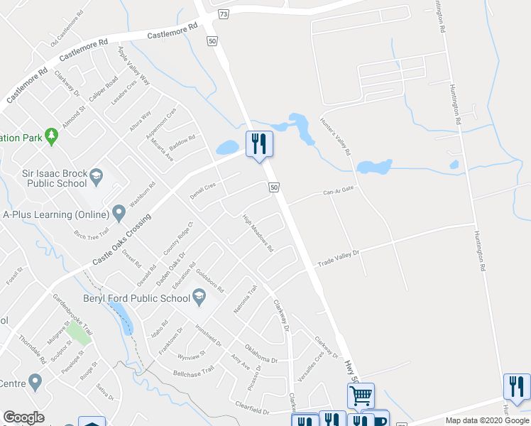 map of restaurants, bars, coffee shops, grocery stores, and more near 54 Napoleon Crescent in Brampton