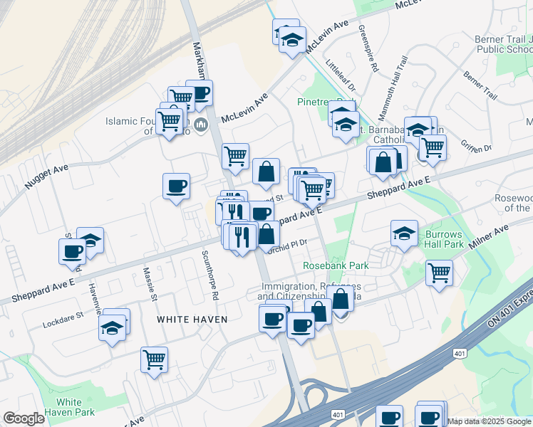 map of restaurants, bars, coffee shops, grocery stores, and more near 5580 Sheppard Avenue East in Toronto