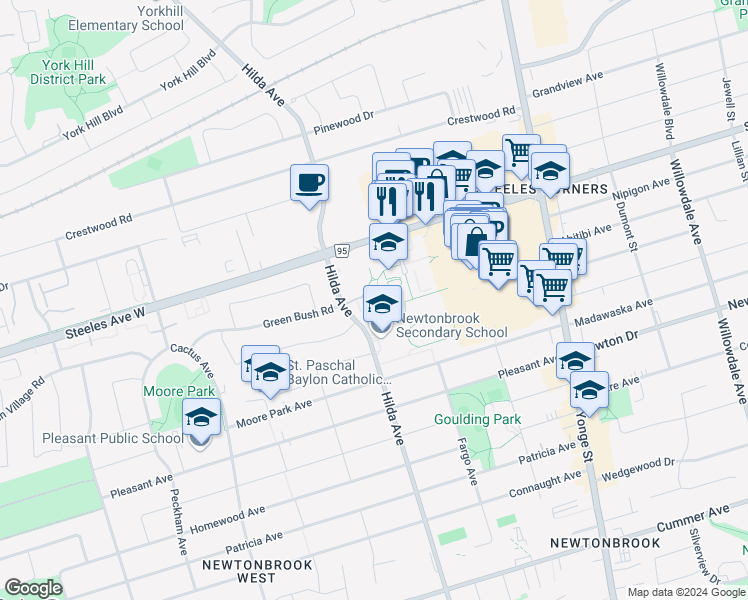 map of restaurants, bars, coffee shops, grocery stores, and more near in Toronto
